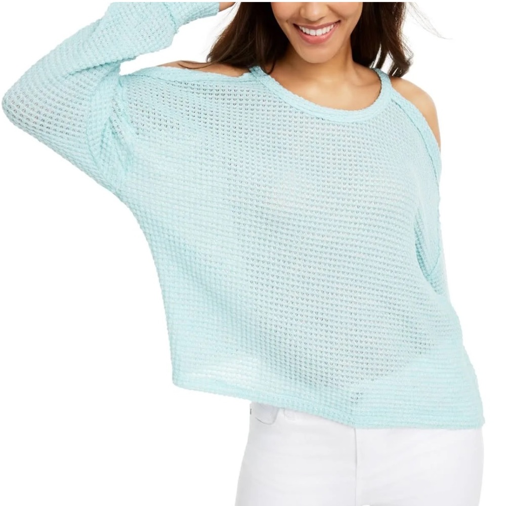 Freshman Juniors' Waffle-Knit Cold-Shoulder Top - Aqua Haze